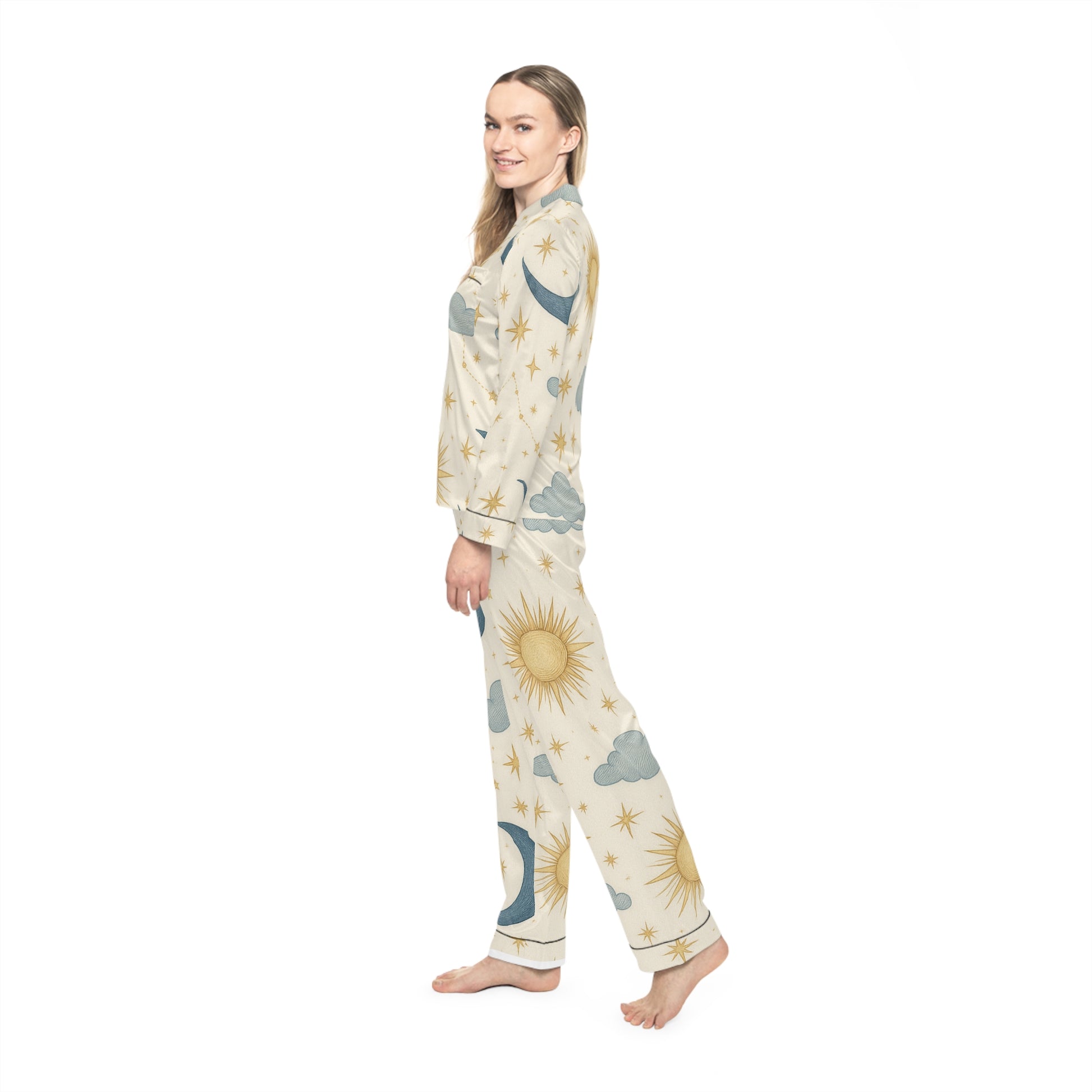PJ Designs women's satin pajamas set with all over sun, moon, and cloud prints in beige and blue