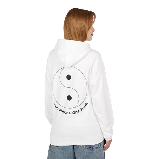 PJ Designs white yin yang fleece hoodie with black yin yang symbol and text on back