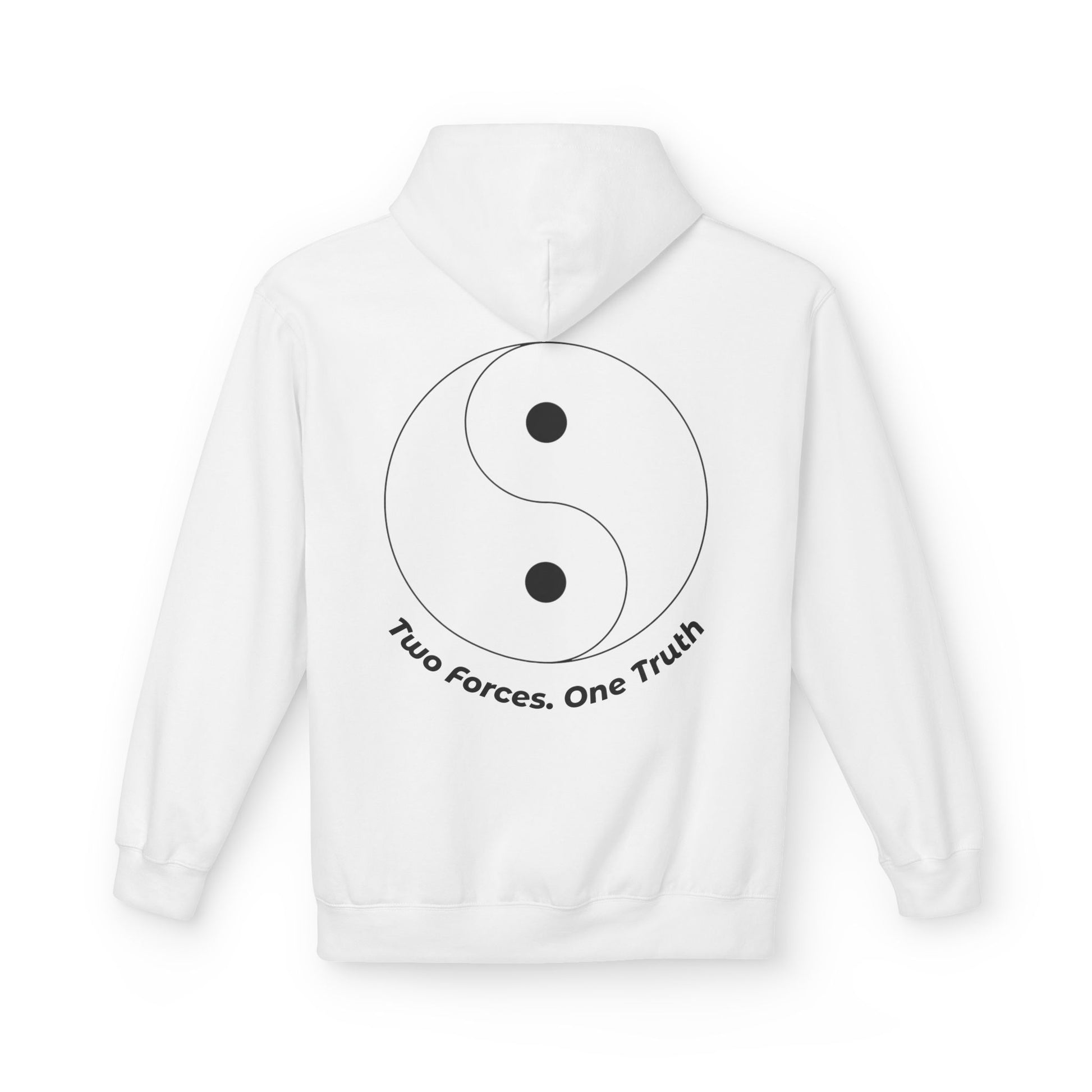 White yin yang fleece hoodie by PJ Designs featuring a large yin yang symbol and Two forces One Truth text on back