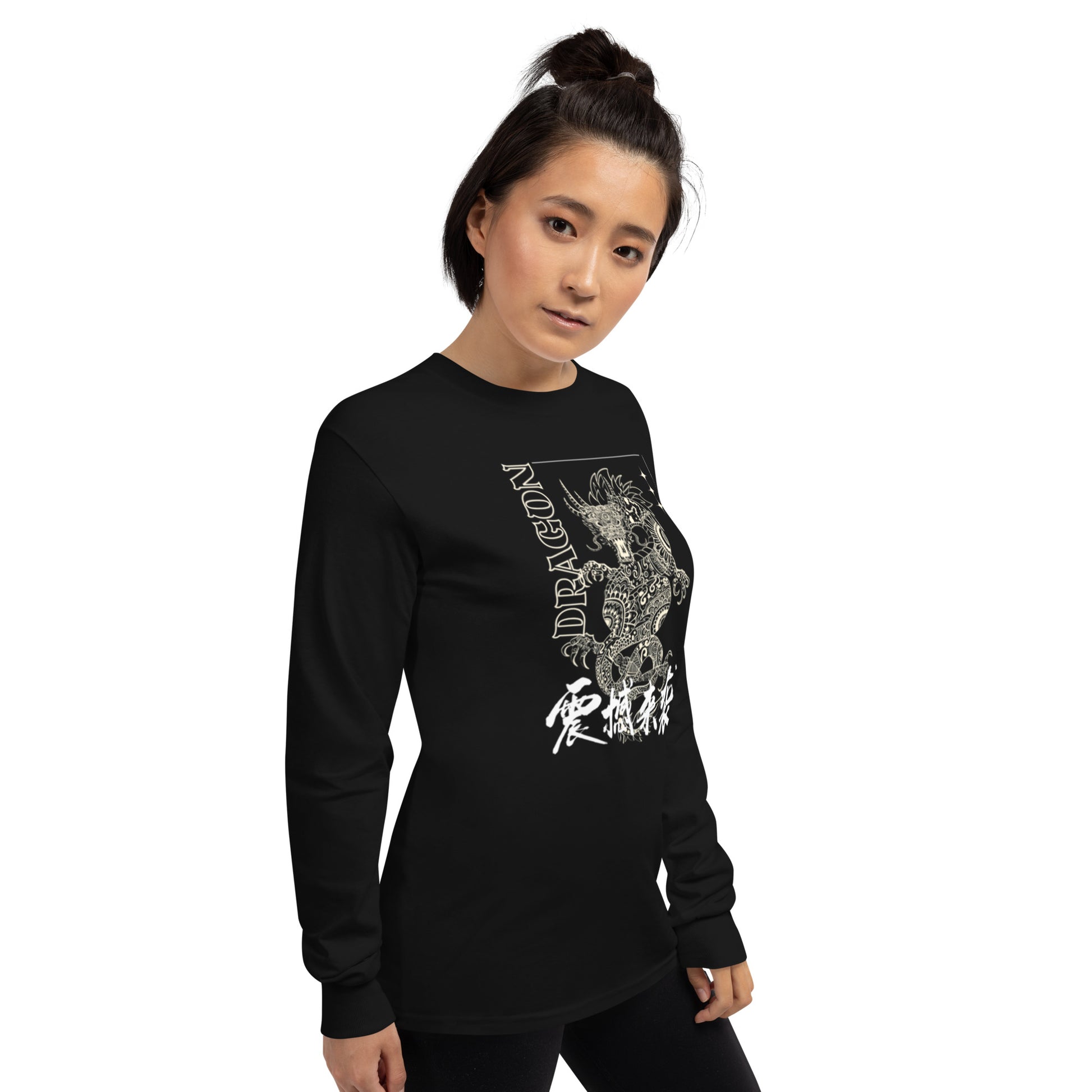 PJ Designs men's Asian-inspired dragon shirt long sleeve black with white detailed dragon graphic on front