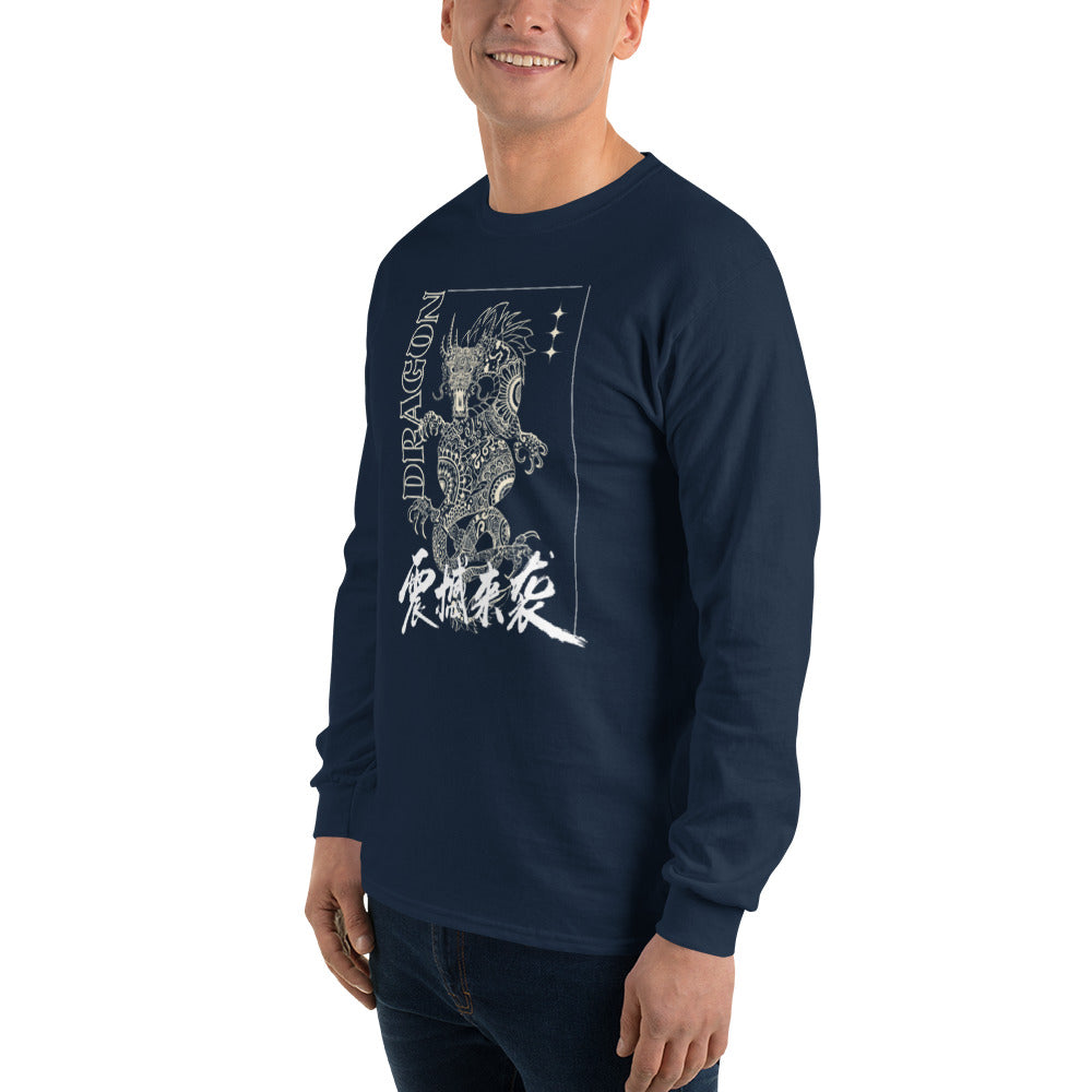 PJ Designs navy long sleeve shirt with vertical white dragon graphic and Asian script men's Asian-inspired dragon shirt