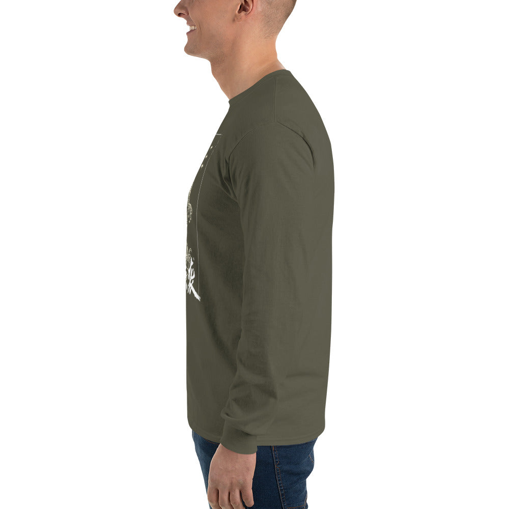 PJ Designs men's Asian-inspired dragon shirt long sleeve olive green side view on model casual fit